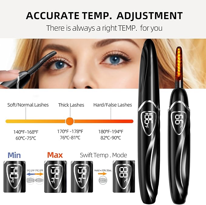 Heated Eyelash Curler, S600 Heated Lash Curler, Accurate Temperature Control Electric Eyelash Curler Heated - Intelligent Power Off, Long Lasting (Black/Silver, S600-148MM)
