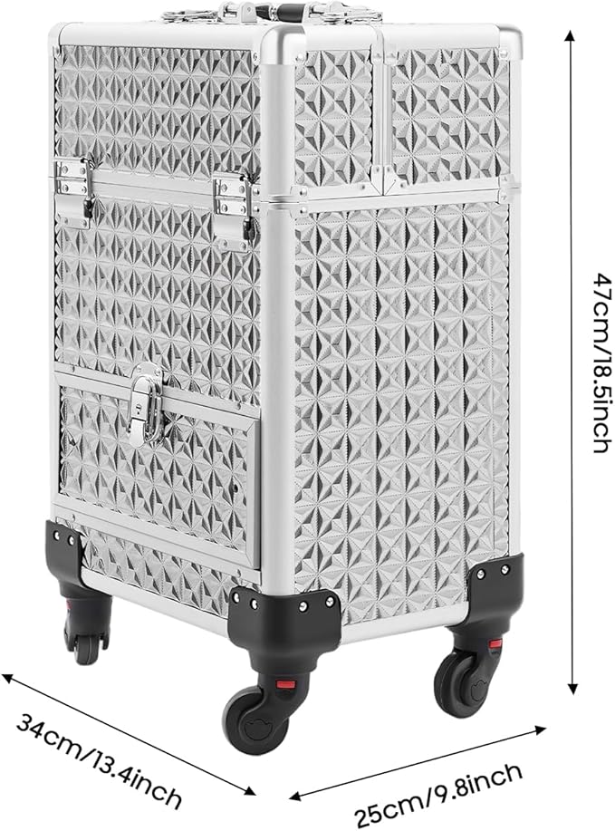 Rolling Makeup Manicure Storage Case, Makeup Trolley Rolling w/4 Universal Wheels Professional Aluminum Cosmetic Trolley Cases w/lock for Studio or Travelling (Silver)