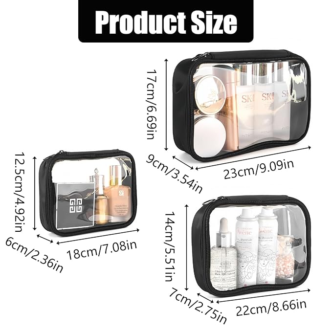 Clear TSA Approved Toiletry Bag - 3-Pack (Large, Small & Mini) Clear Makeup Cosmetic Bag with Zipper, Quart Size Travel Essential Organizer for Women, Car Bag Organizer & Car Organization Essentials