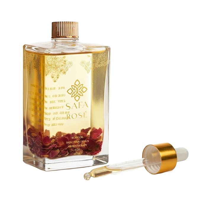 SAFA Rosé Oil - Organic Rose Essential Oil for Face, Body, Hair, Nails & Aromatherapy | After Shower Body Oil | Skin Moisturizer - Natural Scented Perfume for Women - 4 Fl Oz