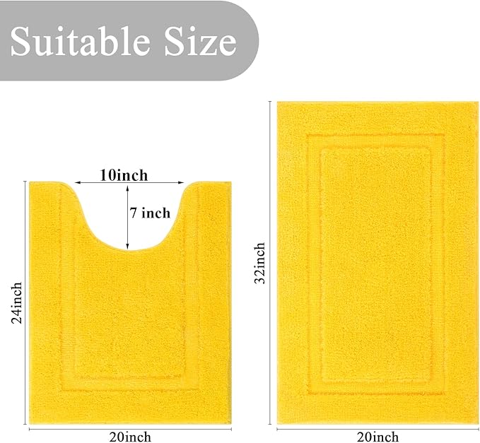 SHACOS Bathroom Toilet Rugs Set 2 Pieces Soft Absorbent Bath Rugs with U Shape Toilet Rug Bath Mat Contour Rug Non Slip Microfiber Plush Shower Rug Machine Washable (20"x24"+20"x32",Yellow)