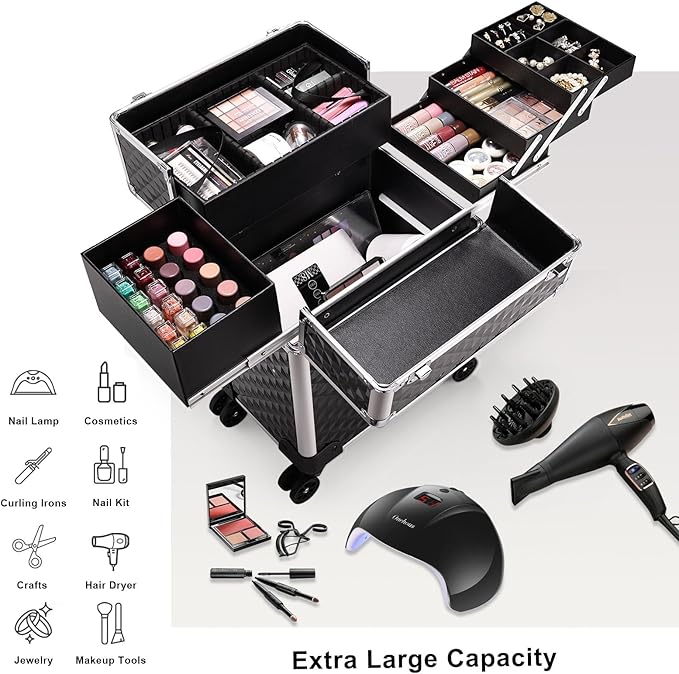 Stagiant Rolling Makeup Train Case Large Storage Cosmetic Trolley 4 Tray with Sliding Rail Removable Middle Layer with Key Swivel Wheels Salon Barber Case Traveling Cart Trunk