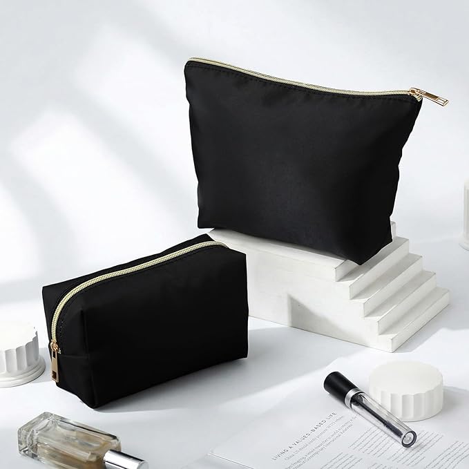 Kigeli 2 Pcs Nylon Makeup Bag Set for Women Wedding Favors Cosmetic Bag with Interior Pockets Preppy Cute Purse Pouch Pencil Case Makeup Brushes Storage Organizer for Travel Toiletry Bags(Black)