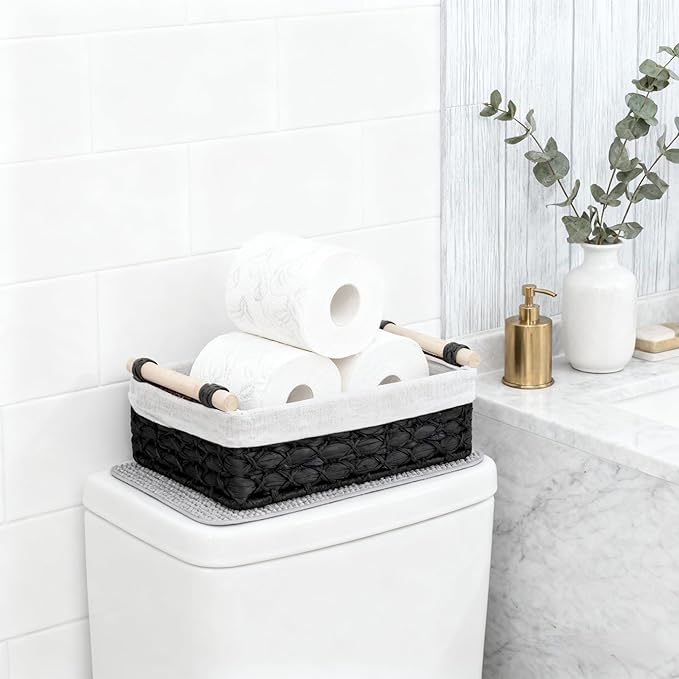 Baskets for Organizing, Set of 2 Black Paper Rope Bathroom Countertop Baskets with Liner, Woven Basket Organizer with Wooden Handles for Vanity, Counter, Shelf Storage