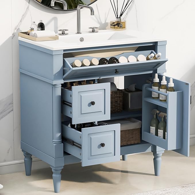 Harper & Bright Designs 30" Bathroom Vanity with Sink, Free Standing Bathroom Vanity Set with Flip Drawer, 2 Drawers, and Adjustable Shelf, Storage Cabinet with Ceramic Basin for Bathroom, Blue Grey