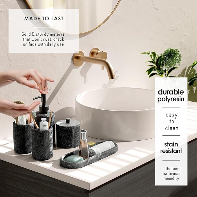 Clara Clark Bathroom Set - Coal Black Bathroom Accessories Set, 19PC Bathroom Accessory Set, Bathroom Sets with Shower Curtain Set, Soap Dispenser & Toothbrush Holder