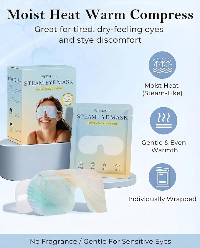 Self Heating Steam Eye Masks: Disposable Moist Warm Compress for Dry Eyes, Eye Strain, Stye & Stress Relief – No Microwave Needed for Relax, Travel, Sleep & Spa, Unscented