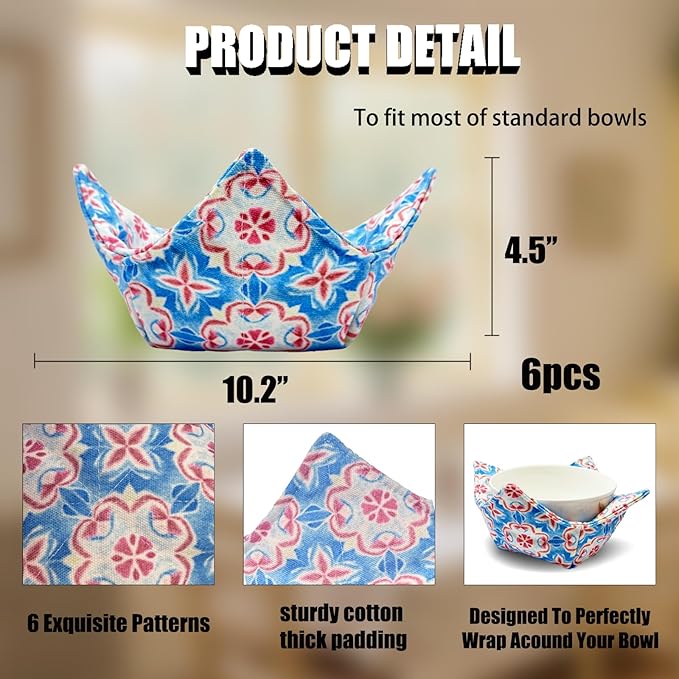 Cotton Microwavable Bowl Cozy ，Set of 6，Microwave-Safe Hot Bowl Holders, Soup Bowl Cozy Hot Pads，Prevent Hand from Heat and Maintain Food Warm，Ideal Household Gift Store (C)