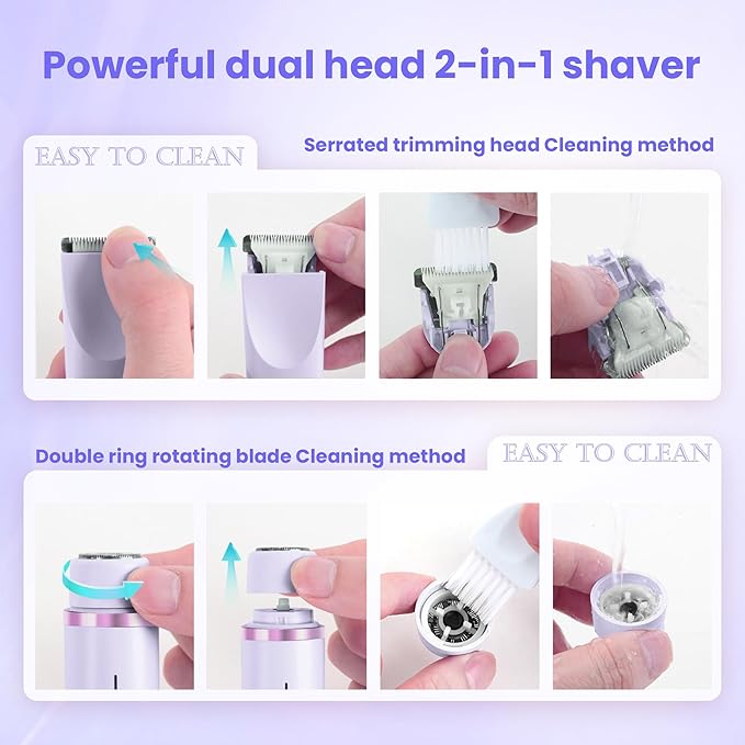 Bikini Trimmer for Women, 2-in-1 Lady Shaver Rechargeable Electric Razor for Women Legs, Body & Intimate Areas, USB-C Wet & Dry Use (Purple)