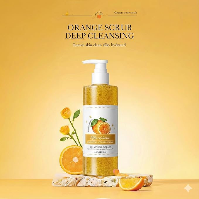 Orange Exfoliating Body Wash - [300ml] Vitamin C Brightening Shower Gel with Natural Scrub - Citrus Scented Mild Body Scrub for Glowing Skin & Roughness - Refreshing Daily Cleanser