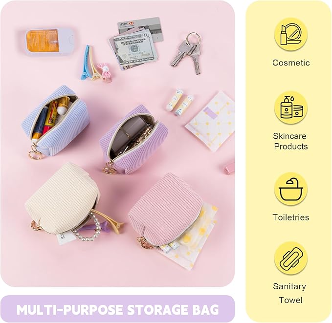 Mini Makeup Bag, Corduroy Small Cosmetic Bag for Purse with Ring Buckle, Portable Travel Makeup Pouch for Lipsticks, Chapsticks, Coin, Earphone, Credit Card (Light Purple)