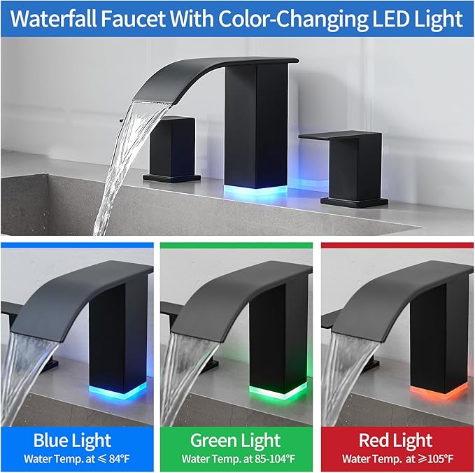 RUMOSE LED Bathroom Faucets Set Matte Black 8 inch Bathroom Sink Faucet 3 Hole with Pop Up Drain Widespread Lavatory Waterfall Vanity Faucet with 3 Colors Light Changing Stainless Steel Deck Mounted
