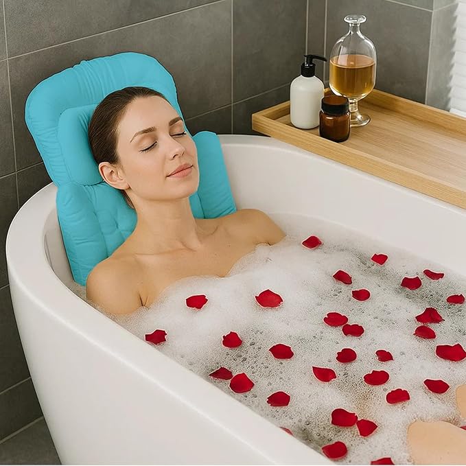 Bath Pillow for Tub 4D Air Mesh Fabric - Plush Bathtub Pillow for Neck & Back Support, Hot Tub Pillow with 6 Non-Slip Suction Cups Spa Pillow for Relaxation and Comfort (Full Body Blue)