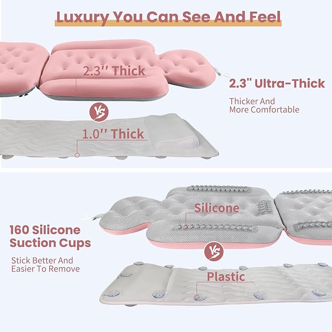 Bath Cushion, Full Body Bathtub Pillow with 160 Suction Cups, Bath Mat for Head and Neck Support, with Laundry Bag (Light Pink, 56" x 16")