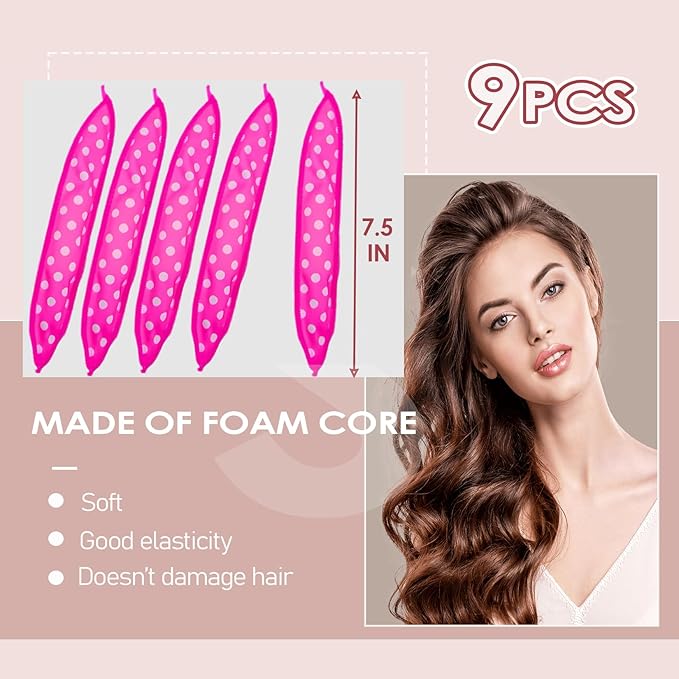 Satin Sponge Hair-Rollers for Women - 9Pcs Soft Foam Rollers to Sleep in, Heatless Overnight Curlers for Short/Long Hair, No Heat Hair Curlers with Dent-Free Satin Surface