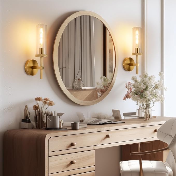 15" Knurled Gold Hardwired Wall Sconces Set of 2, Bathroom Vanity Light Fixtures with Clear Glass Tube, Modern Lamp Lighting for Bedroom, Living Room, Hallway, Staircase, Mirror, Kitchen