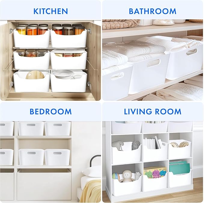 2 Pack Large Plastic Storage Bins with Handles, 13.7x10.2x5.7 Inch Stackable White Organizer Containers for Kitchen, Pantry, Closet, Bathroom, Office, Cabinet, Drawer, Snack, Toy & Makeup Organization