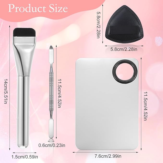 Stainless Steel Makeup Palette, Metal Mixing Tray with Foundation Brush, Spatula and Powder Puff Professional Reusable Beauty Tools for Facial Cosmetic, Nail Art, Pigment Blending