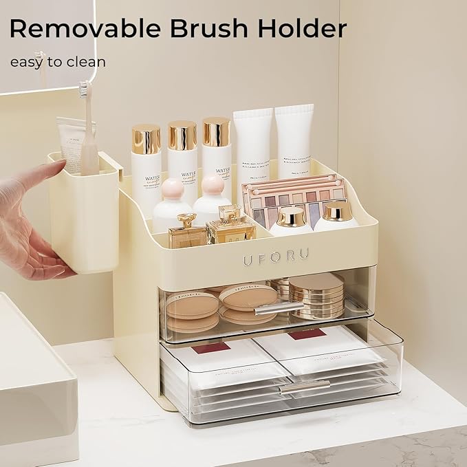 Makeup Organizer for Vanity with Brush Holder, Countertop Skincare Organizer with 2 Drawers, Spacious Cosmetic Display Case for Perfumes, Eyeshadow Palettes, Nail Polishes