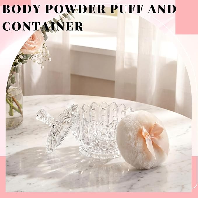 Tioncy 3 Pcs Large Body Powder Puff and Container Valentine's Day gift Powder Container with Puff Crystal Case Soft Washable Reusable Velour Face Body Glitter Wet Dry Makeup(Scalloped,Transparent)
