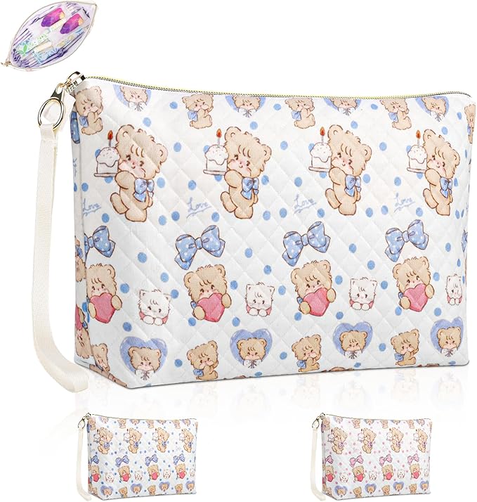 Period Bag for Teen Girls, Quilted Sanitary Napkin Storage Bag, Cute Bears Menstrual Pad Pouch Tampon Holder (Large-Blue)