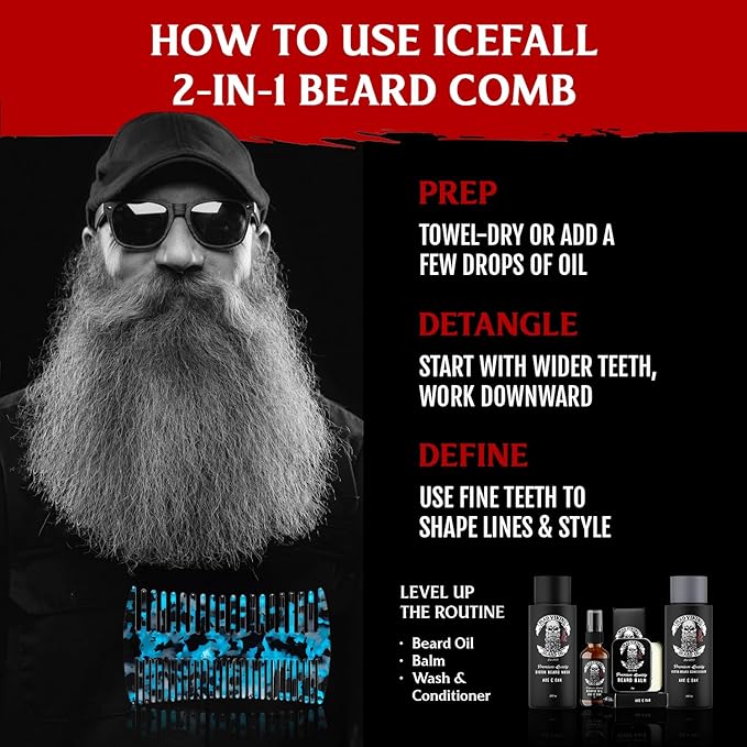 Mad Viking ICEFALL Beard & Mustache 2-in-1 Premium Styling Comb – Dual-Sided Anti-Static Grooming Tool– Durable and Travel-Ready – Smooths, Detangles & Distributes Oils for Strong, Tamed Hair