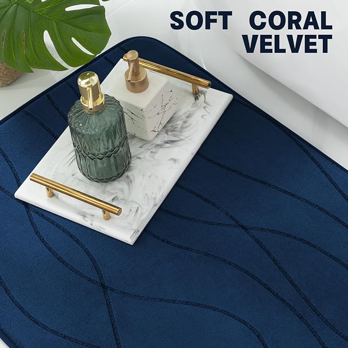 YIHOUSE Memory Foam Blue Bathroom Rug Sets 2 Piece, Ultra Absorbent Bath Mat for Bathroom - Non-Slip Machine Washable & Dry Quickly, 2 Piece Bathroom Mat Set, Navy Blue