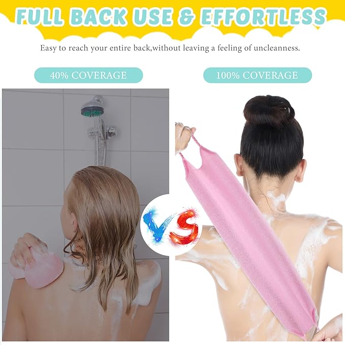 3 Pack Exfoliating Back Scrubber with Handles Exfoliating Washcloth Nylon Extended Length Body Exfoliator Brush Stretchable Pull Strap Back Washer for Shower Long Bath (Pink, Blue, Yellow)