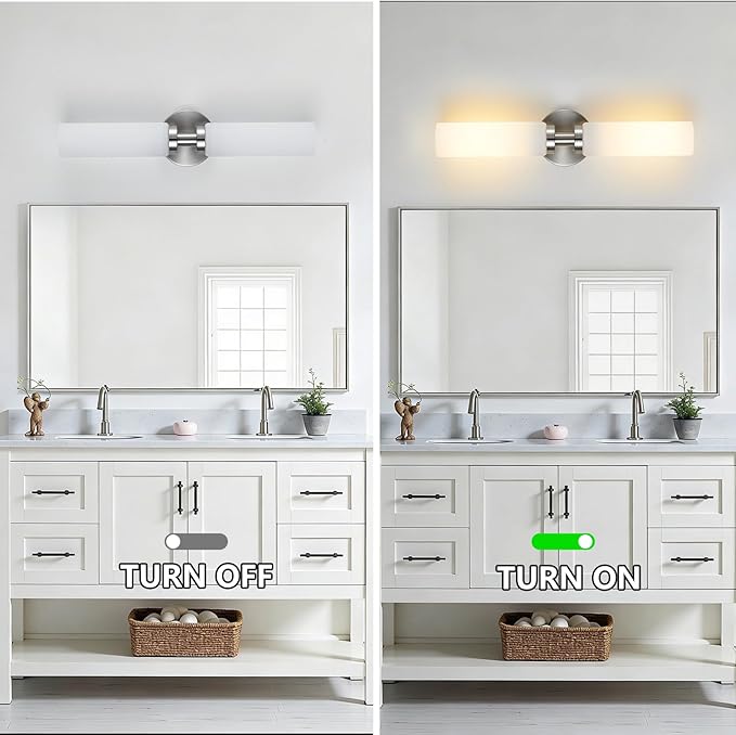 2 Light Brushed Nickel Bathroom Light Fixture Over Mirror, Modern Farmhouse Bathroom Vanity Light with Milky White Frosted Glass Shade, Wall Sconce for Hallway Cabinet Bedroom Porch