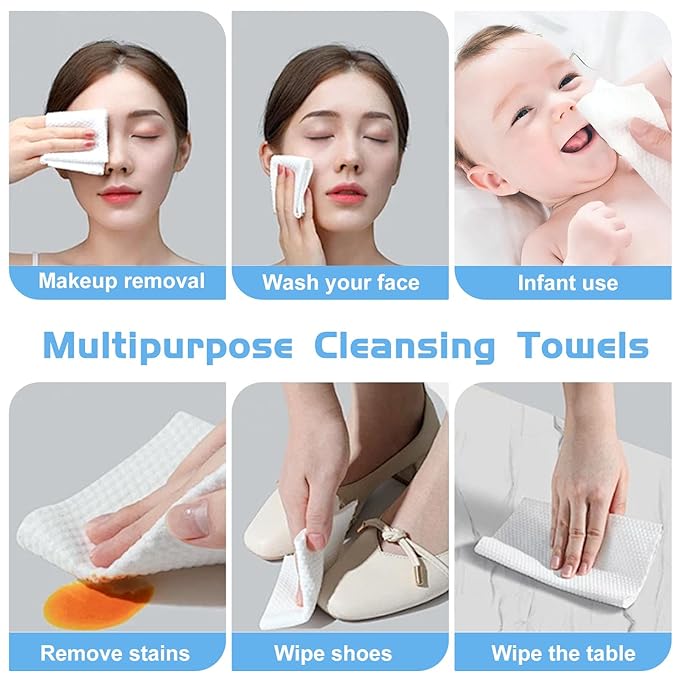 Cotton Facial Dry Wipes 100 Count, Deeply Cleansing Disposable Face Towel Wash Cloth, Multi-Purpose for Skin Care, Make-up and Face Wipes (2 Pack)