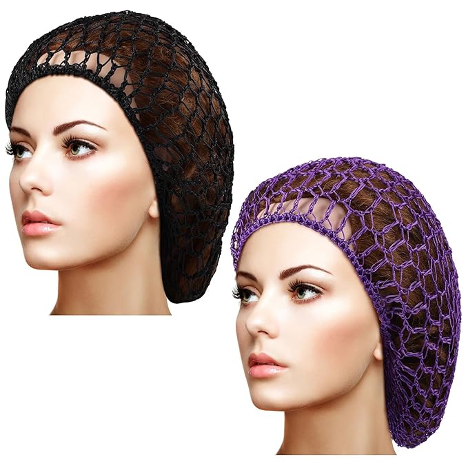 Waydress 2 Pieces Mesh Hair Net Rayon Knit Snood Women Crocheted Sleep Cap (Black, Purple)