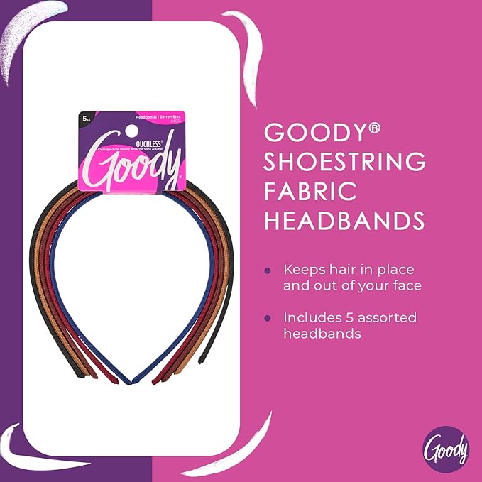 Goody Ouchless Shoestring Headbands, 5 Ct, Assorted Colors, Stylish & Lightweight Thin, Damage-Free Fabric Headbands for Women & Men, All-Day Comfort, For All Occasions, All Hair Types