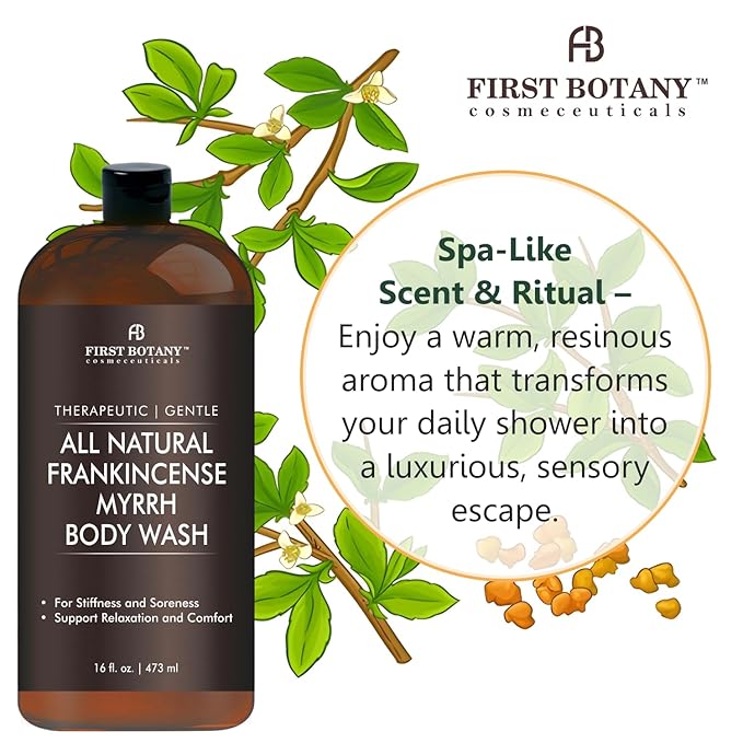 First Botany, ALL Natural Body Wash - Fights Body Odor, Athlete's Foot, Jock Itch, Nail Issues, Dandruff, Acne, Eczema, Shower Gel for Women & Men, Skin Cleanser -16 fl oz (Frankincense Myrrh)