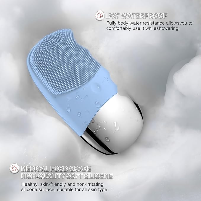 MEGAN Facial Cleansing Brush,USB Rechargeble Electric Silicone Face Scrubber,IPX7 Waterproof Sonic Facial Massager, 3 in 1 face Brush for Deep Cleanning, Blackhead Remover, Exfoliating.（Sky Blue）