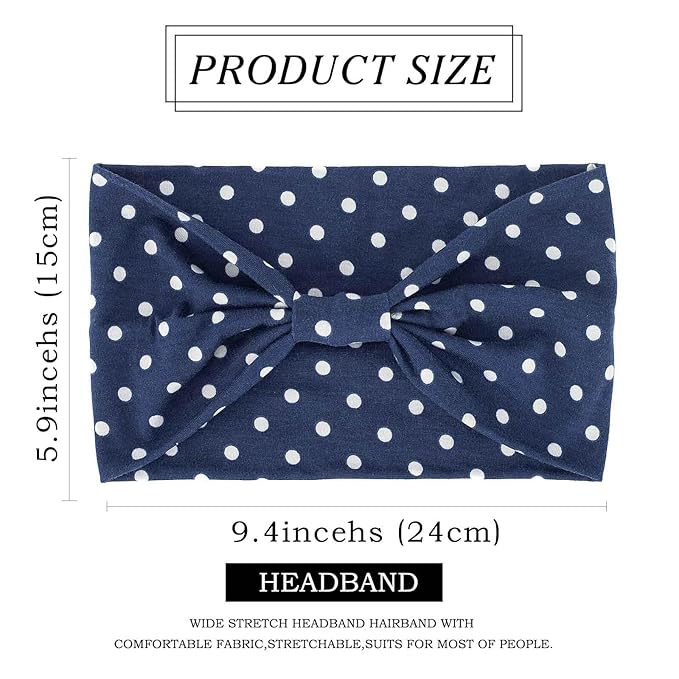 Olbye Wide Boho Headbands Floral Stretch Head Wraps Turban Knotted Yoga Hairbands Workout Hair Accessories for Women 4Pcs (Polka Dot, 9.4 * 5.9'')