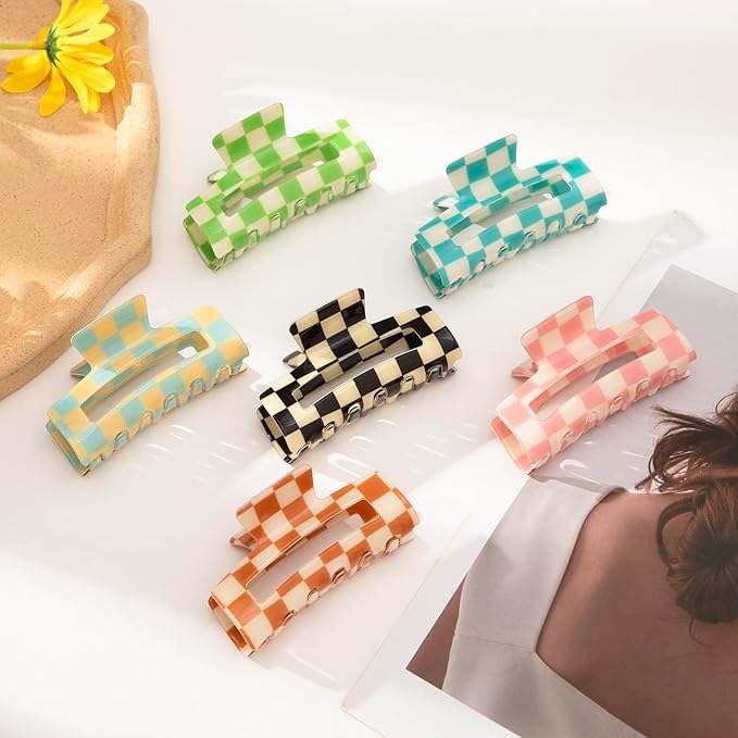 Checkered Rectangle Y2K Hair Claw Clips and Barrettes- 6 Pcs Large and Small Strong Hold Hair Accessories for Thin & Thick Hai