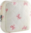 Small Quilted Cotton Makeup Bag for Purse, Cosmetic Bag with Compartments, Cotton Aesthetic Makeup Bag, Travel Toiletry Pouch, Lipstick Bag Card Holder Data Cable Organizer (08White Pink Bow)