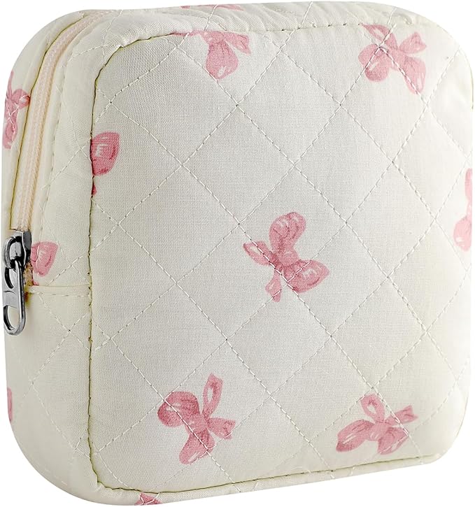 Small Quilted Cosmetic Pouch for Purse, Mini Cotton Makeup Bag with Compartments, Cute Zipper Lipstick Holder for Women (03White Bow)