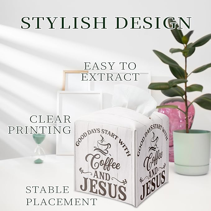 Coffee Bar Tissue Box Cover Square, Good Days Start with Coffee and Jesus Waterproof Leather Tissue Box Holder, Farmhouse Paper Facial Tissue Box Covers Cube for Office Home Cafe Station