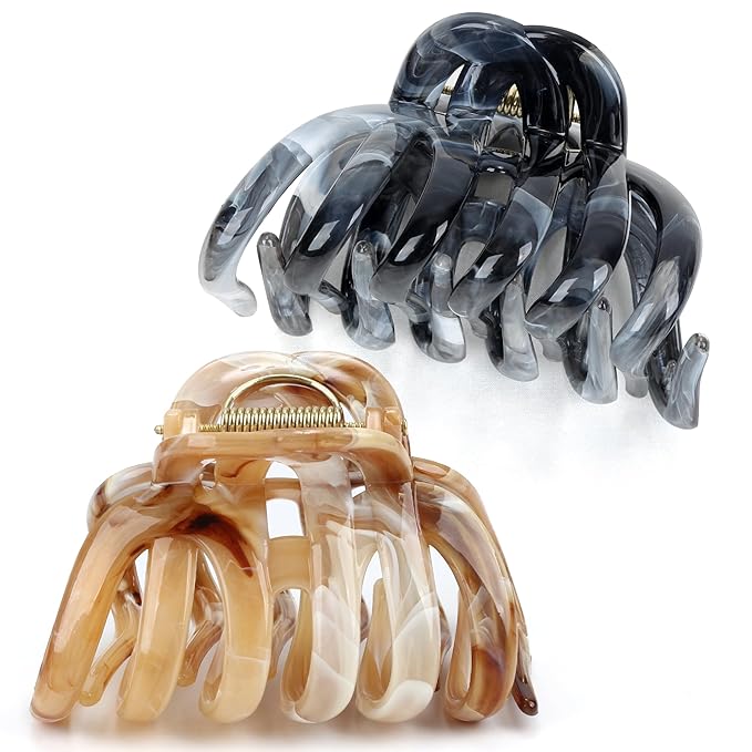 FAELBATY Octopus Multicolor French Claw Hair Clips, 2 Pcs, Ink Brown & Ink Grey, 3.5 x 2.4 Inches, Polycarbonate, Non-Slip Grip, Strong Hold for Long Thick Hair, Women & Girls
