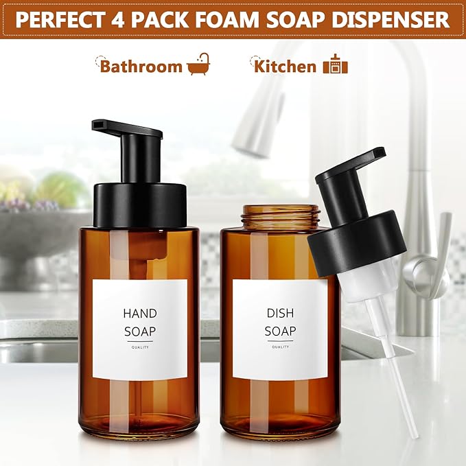Amber Foam Soap Dispenser, 10 oz/300ml Glass Foaming Soap Dispenser, 4 Pcs Foaming Hand Dispenser for Bathroom & Kitchen, Refillable Bottle with Waterproof Labels