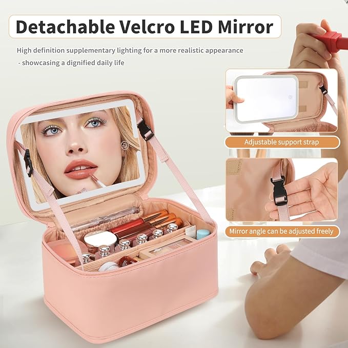 Makeup Bag With LED Mirror, Lightweight Travel Makeup Bag With 3 Color Setting Light Up Mirror Cosmetic Organizer Vanity Case for Women Beauty Tools Accessories Rechargeable Makeup Train Case-Pink