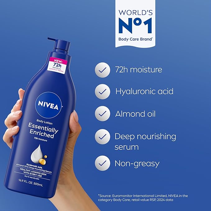 NIVEA Essentially Enriched Body Lotion for Very Dry Skin with Hyaluronic Acid,Almond Oil and Deep Nourishing Serum,72-Hour Body Moisturizer,16.9 Fl Oz Pump Bottle,(Pack of 4)