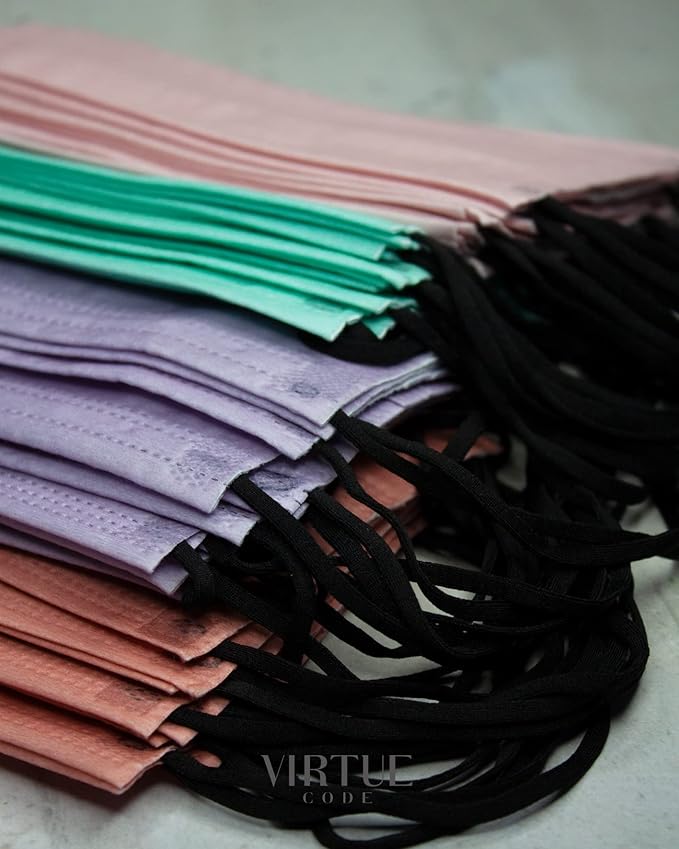 VIRTUE CODE Support Face Masks - Soft 3 Ply Comfort, Colorful Disposable 50 Pack. Pastel Colored for Adults, Men and Women