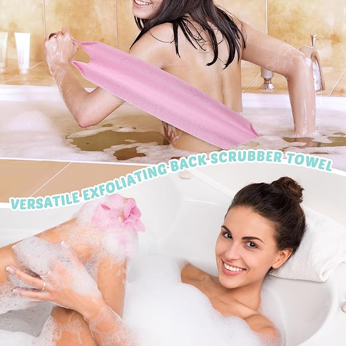 3 Pack Exfoliating Back Scrubber with Handles Exfoliating Washcloth Nylon Extended Length Body Exfoliator Brush Stretchable Pull Strap Back Washer for Shower Long Bath (Pink, Blue, Yellow)