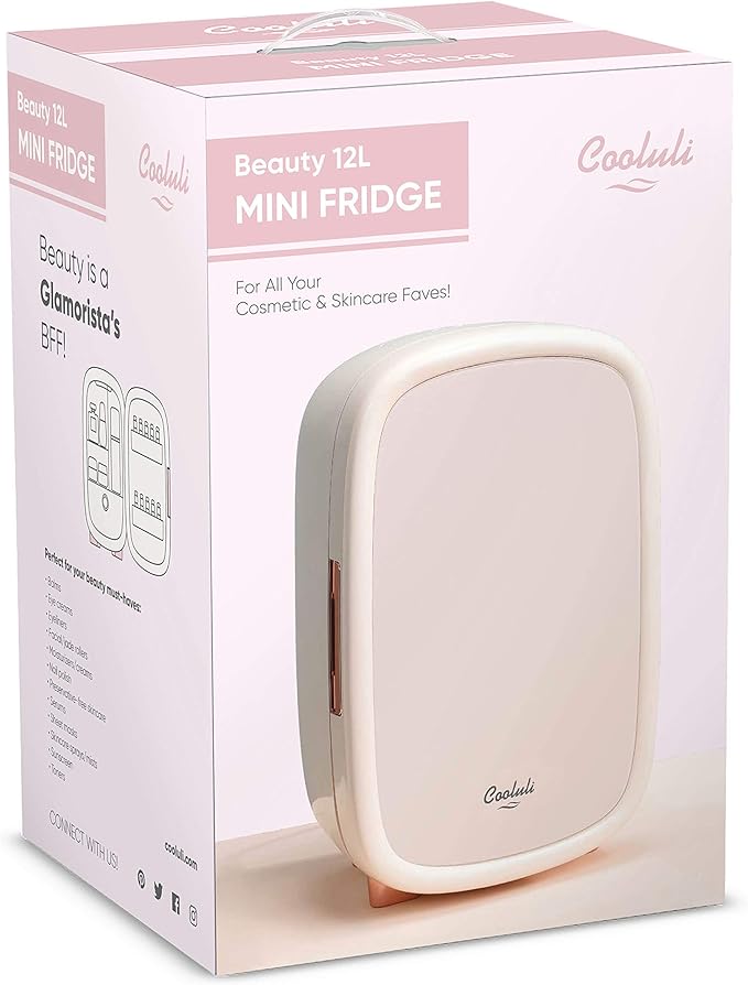 Cooluli Beauty 12L Skincare Fridge - for Makeup, Cosmetic & Facial Skin Care Products - for Women & Teen Girls - Pearl White Mini Fridge for Bedroom & Bathroom Vanity - Interior LED Lights