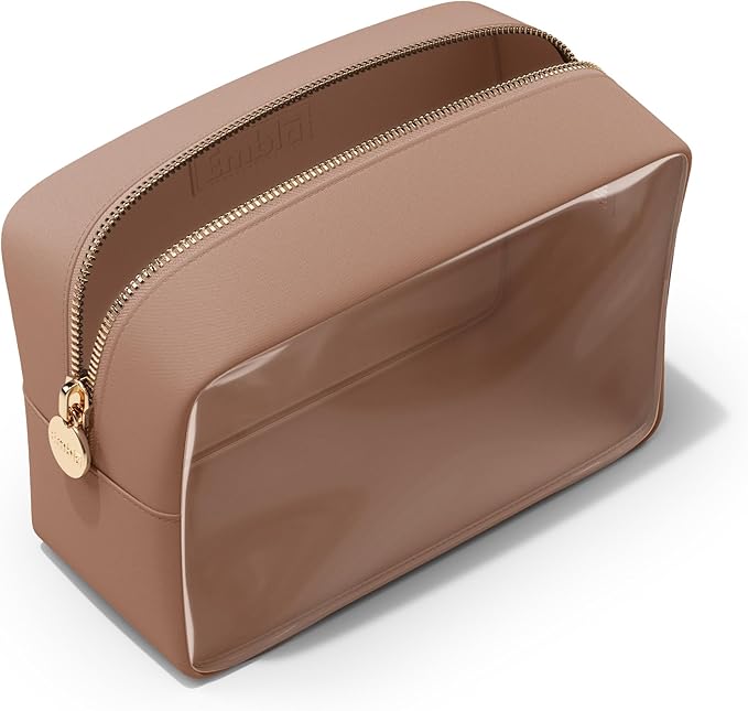 Embla Clear Large Makeup Bag Cute Big Make Up Nylon Pouches Travel Bathroom Bags for Toiletries XL Cosmetic Pouch for Women Girls Extra Large Zipper Toiletry Skincare Organizer Brown