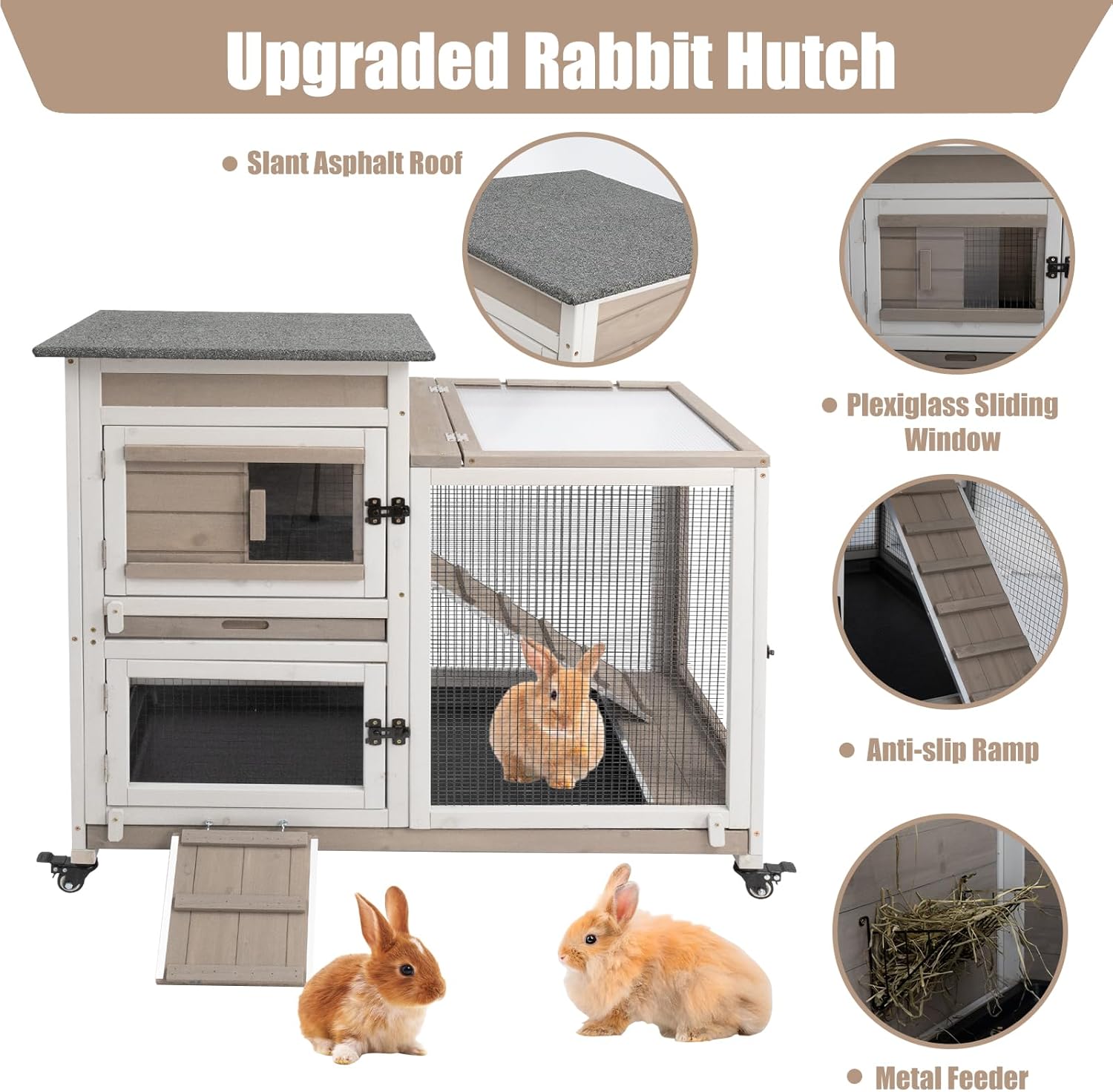 Rabbit Hutch Indoor 40" L Large 2 Story Outdoor Wooden Bunny Hutch with Run, 4 Metal Wheels & 2 Deeper Trays, UV-Proof Panel Rabbit Cage Guinea Pig Pet House for Small-Medium Animals
