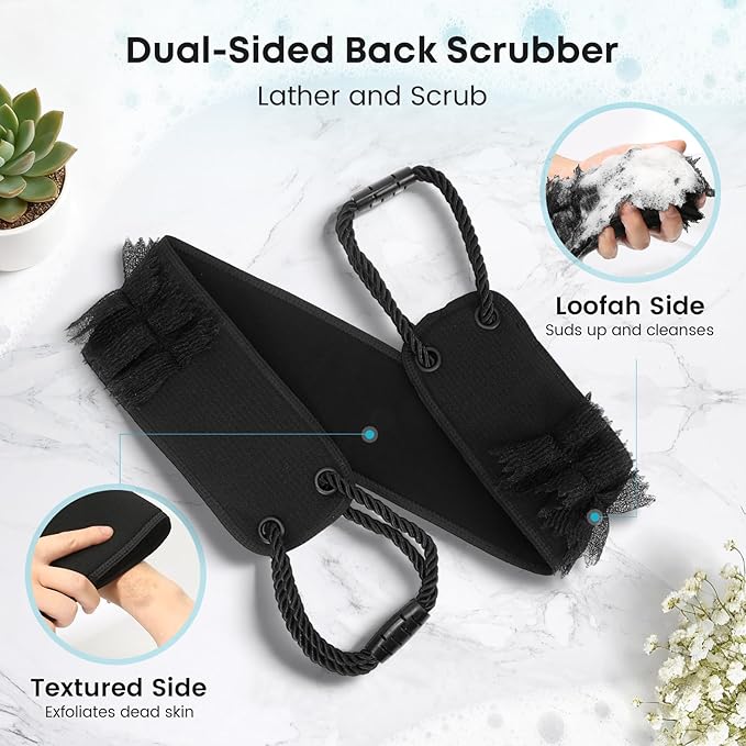 Back Scrubber with Handles for Shower, 40 Inches Dual-Sided Back Washer with Exfoliating Texture and Loofah for Men, Women and Elderly, Bath Back Exfoliator Body Cleaner for Deep Cleansing