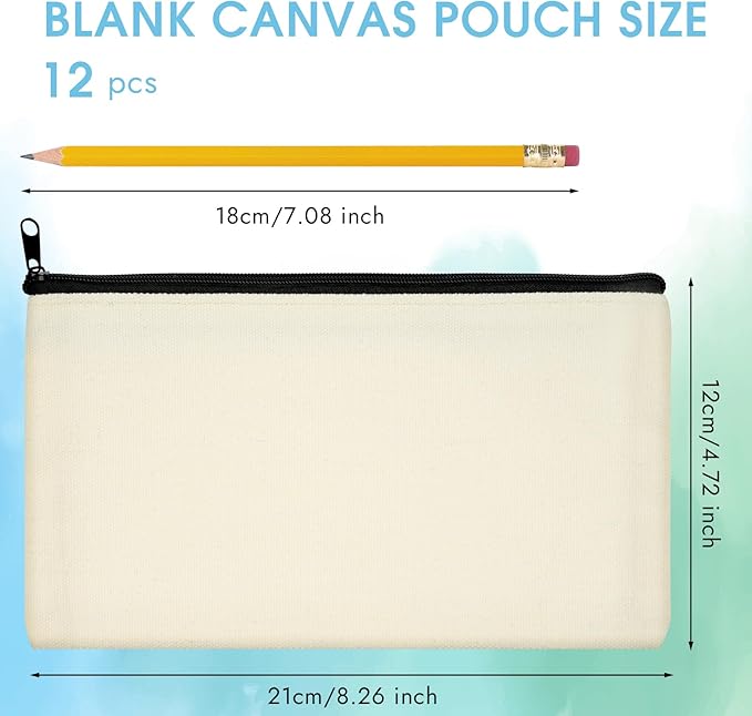 PEASUG Canvas Pencil Pouch, 12 Pack Blank Canvas Zipper Pouch Makeup Bag Bulk, Canva Pouch Cosmetic Bags with Zipper Sublimation Pencil Case Blanks for DIY Craft, Travel, Organized